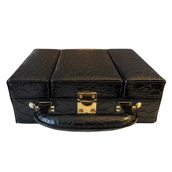 International Silver Co. Jewelry Box Travel Case Croc Embossed Black Patent - Picture 2 of 10